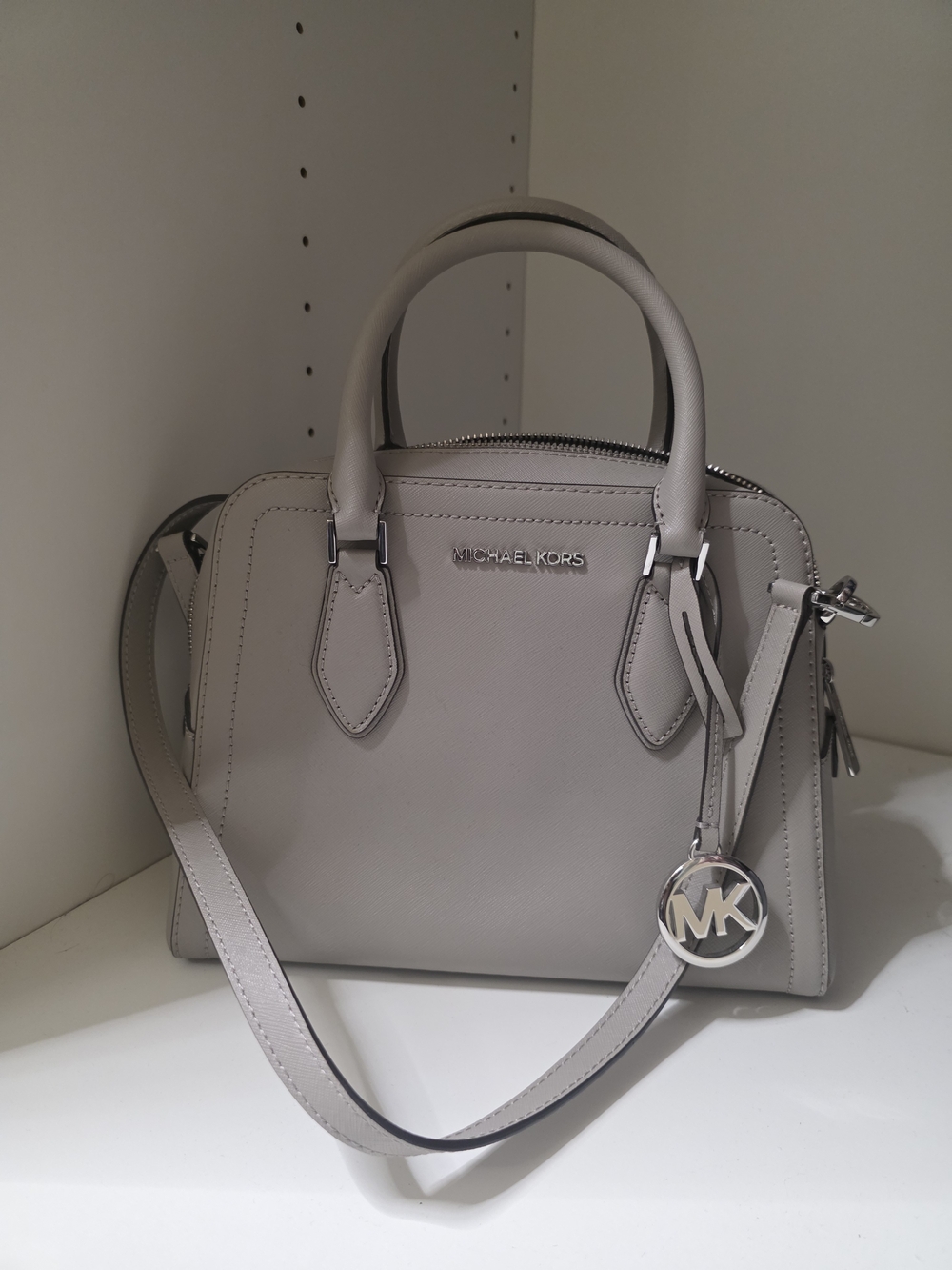 Michael Kors Light Gray Leather Satchel with MK Charm